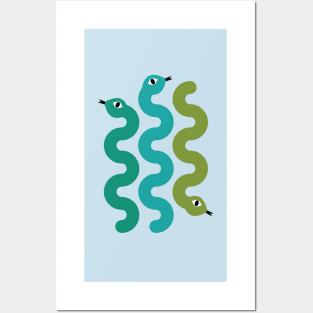 Squiggly Snakes on Mint – Retro 70s Wavy Snake Pattern Posters and Art